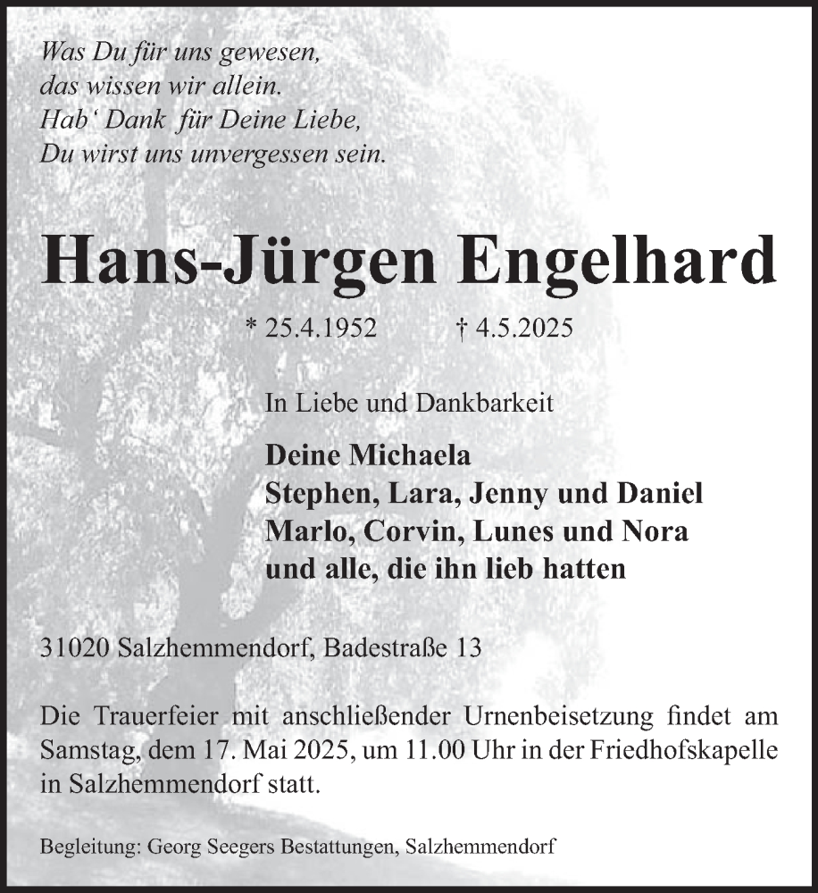  Traueranzeige für Hans-Jürgen Engelhard vom 10.05.2025 aus Deister- und Weserzeitung