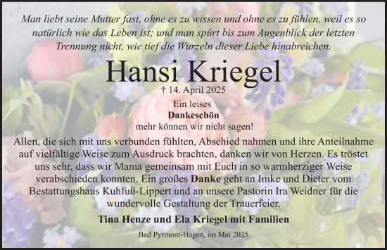 Traueranzeige von Hansi Kriegel von Deister- und Weserzeitung