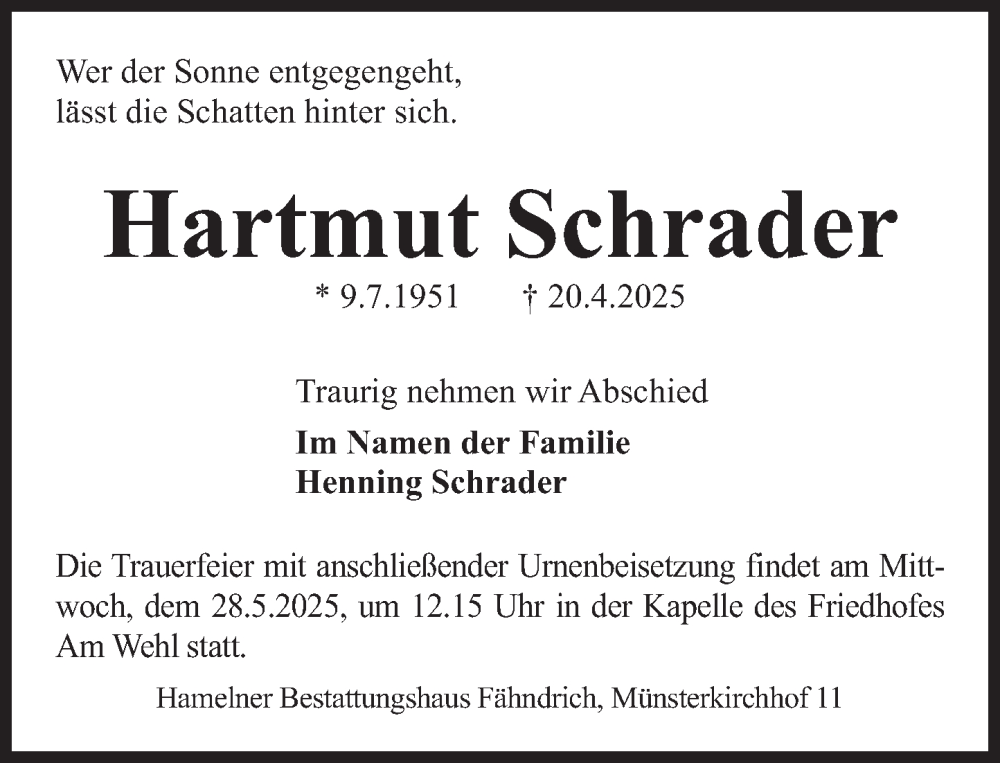  Traueranzeige für Hartmut Schrader vom 17.05.2025 aus Deister- und Weserzeitung