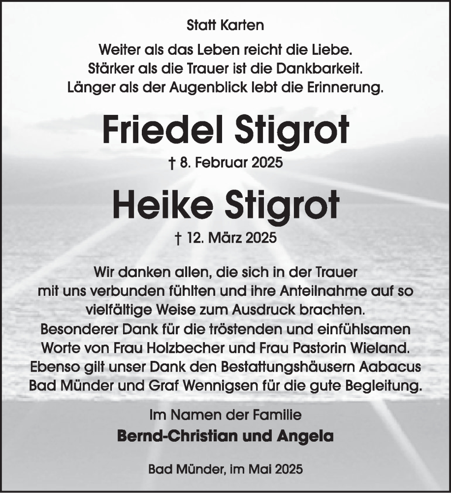  Traueranzeige für Heike Stigrot vom 10.05.2025 aus Neue Deister-Zeitung
