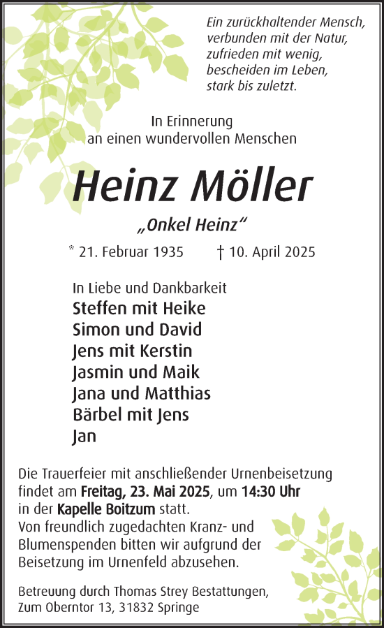 Traueranzeige von Heinz Möller von Neue Deister-Zeitung