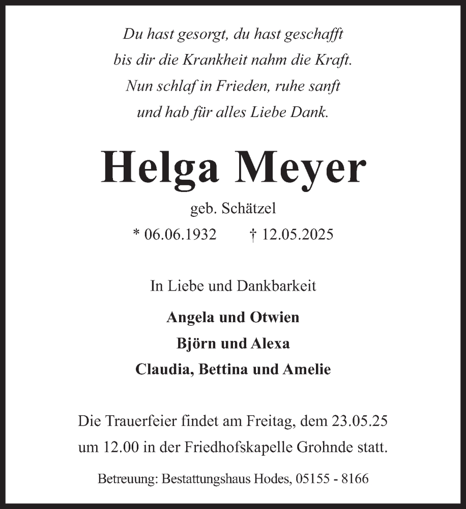  Traueranzeige für Helga Meyer vom 17.05.2025 aus Deister- und Weserzeitung