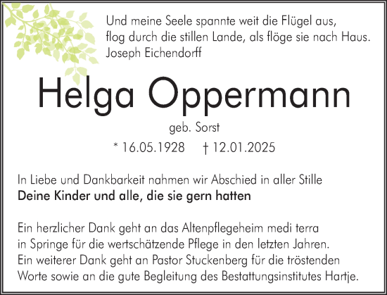 Traueranzeige von Helga Oppermann von Neue Deister-Zeitung