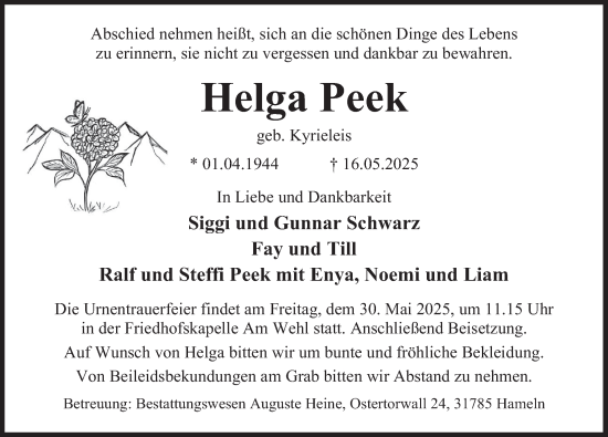 Traueranzeige von Helga Peek von Deister- und Weserzeitung