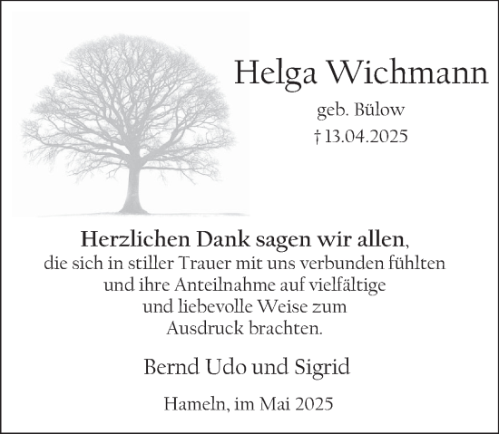 Traueranzeige von Helga Wichmann von Deister- und Weserzeitung