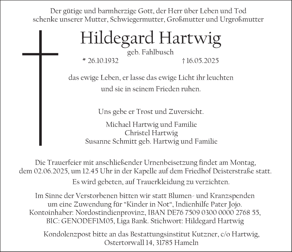  Traueranzeige für Hildegard Hartwig vom 24.05.2025 aus Deister- und Weserzeitung