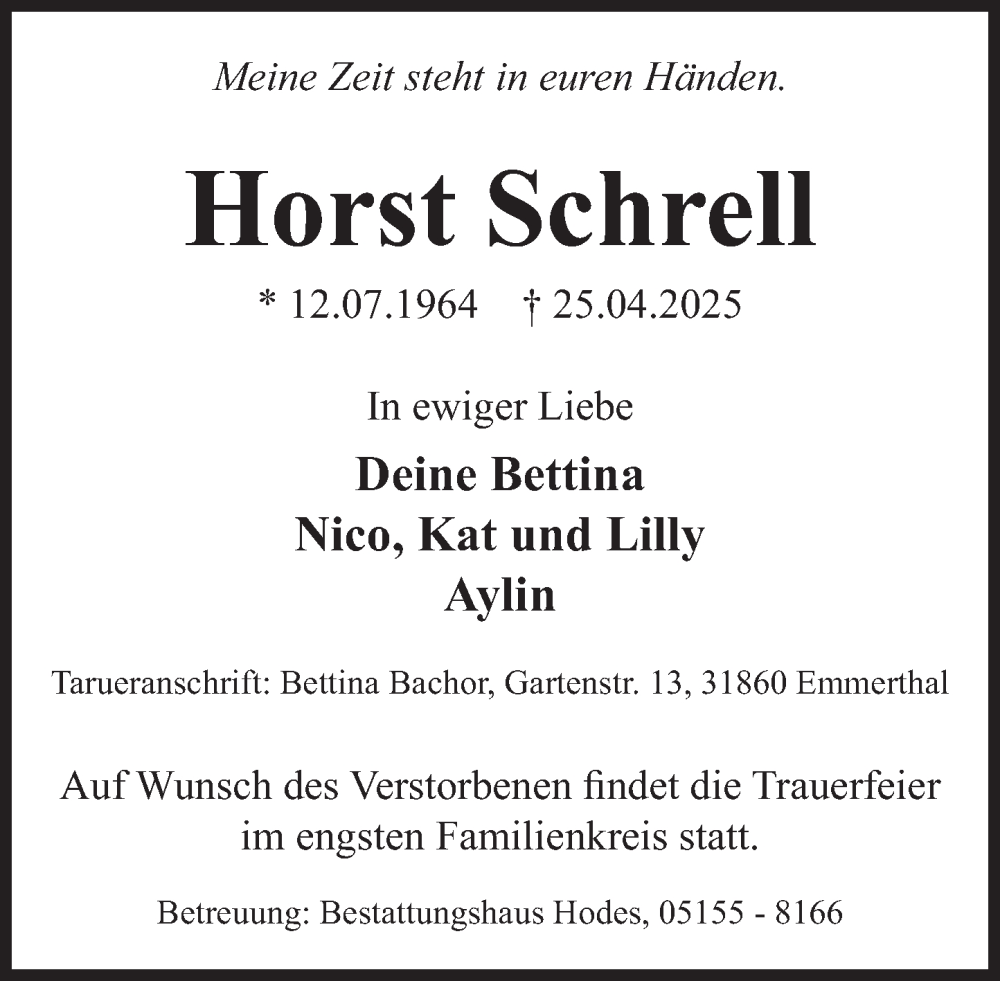  Traueranzeige für Horst Schrell vom 03.05.2025 aus Deister- und Weserzeitung