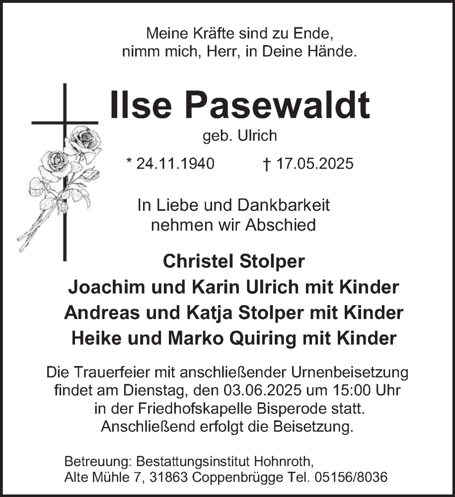  Traueranzeige für Ilse Pasewaldt vom 24.05.2025 aus Deister- und Weserzeitung