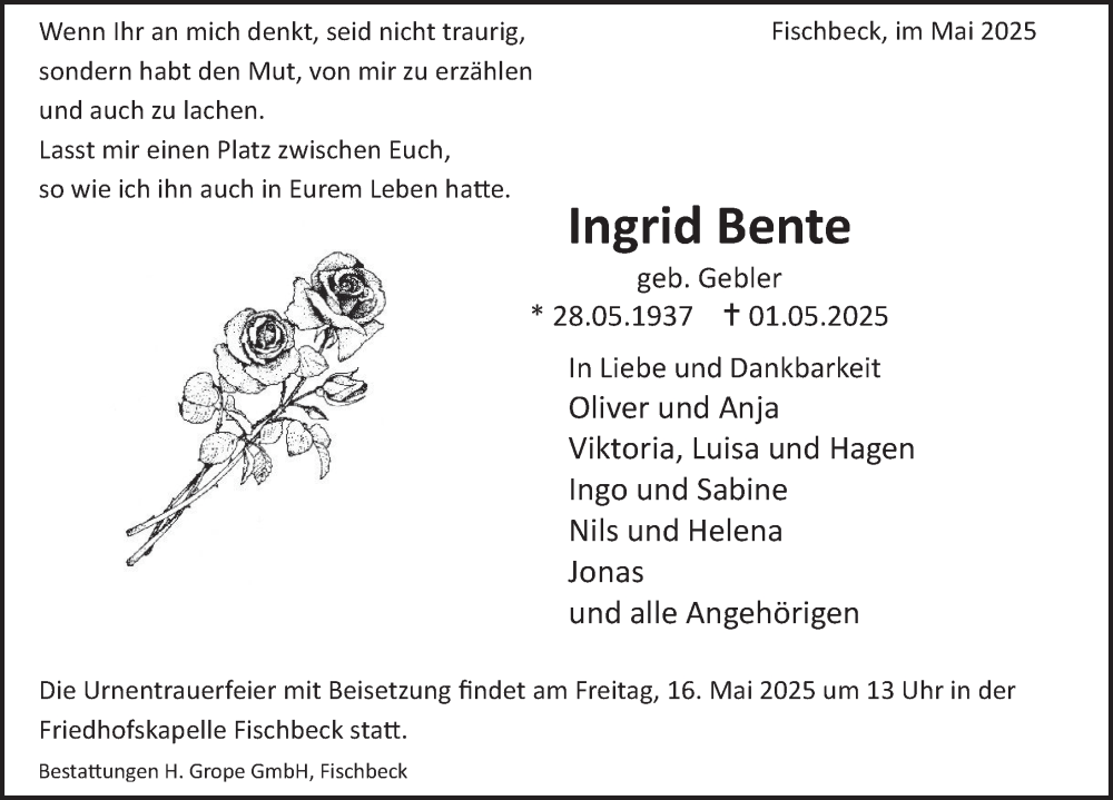  Traueranzeige für Ingrid Bente vom 10.05.2025 aus Deister- und Weserzeitung