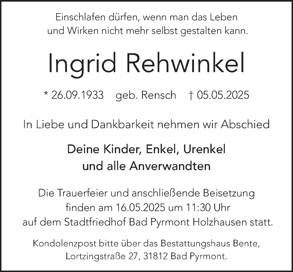  Traueranzeige für Ingrid Rehwinkel vom 10.05.2025 aus Deister- und Weserzeitung