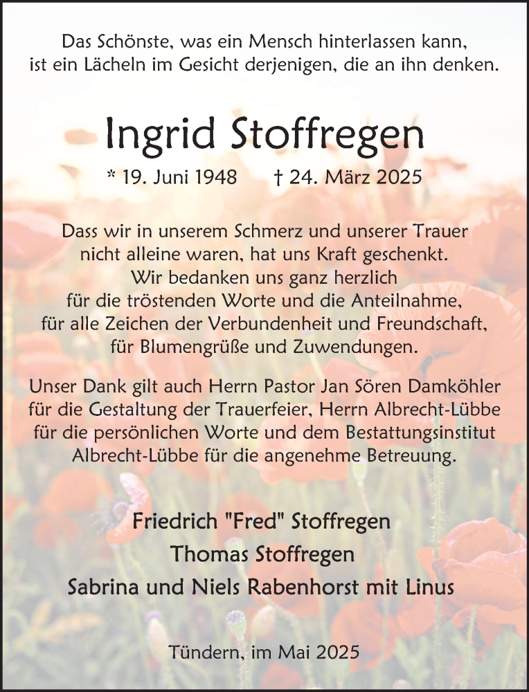  Traueranzeige für Ingrid Stoffregen vom 10.05.2025 aus Deister- und Weserzeitung