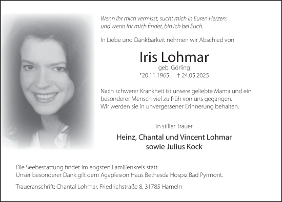 Traueranzeige von Iris Lohmar von Deister- und Weserzeitung