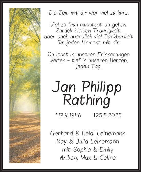 Traueranzeige von Jan Philipp Rathing von Deister- und Weserzeitung