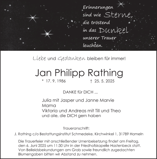 Traueranzeige von Jan Philipp Rathing von Deister- und Weserzeitung