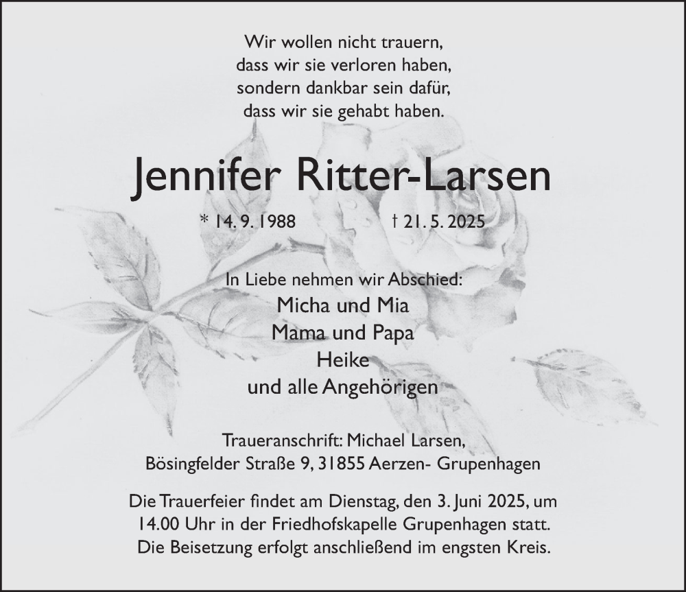  Traueranzeige für Jennifer Ritter-Larsen vom 31.05.2025 aus Deister- und Weserzeitung
