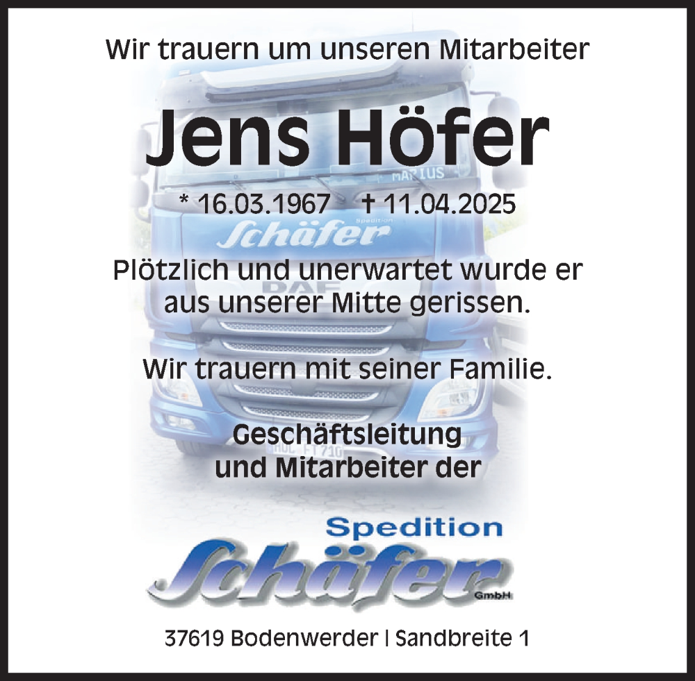  Traueranzeige für Jens Höfer vom 24.05.2025 aus Deister- und Weserzeitung