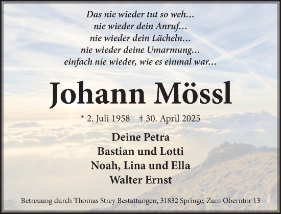 Traueranzeige von Johann Mössl von Neue Deister-Zeitung