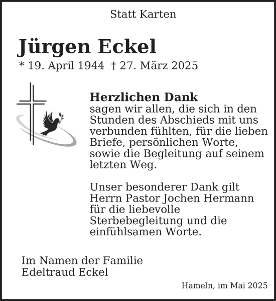 Traueranzeige von Jürgen Eckel von Deister- und Weserzeitung
