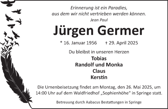 Traueranzeige von Jürgen Germer von Neue Deister-Zeitung