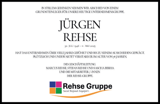 Traueranzeige von Jürgen Rehse von Deister- und Weserzeitung