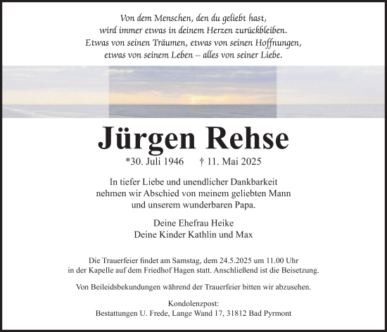 Traueranzeige von Jürgen Rehse von Deister- und Weserzeitung