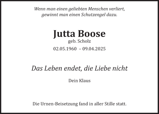 Traueranzeige von Jutta Boose von Deister- und Weserzeitung