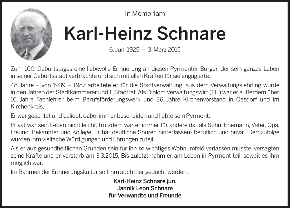  Traueranzeige für Karl-Heinz Schnare vom 06.06.2025 aus Deister- und Weserzeitung