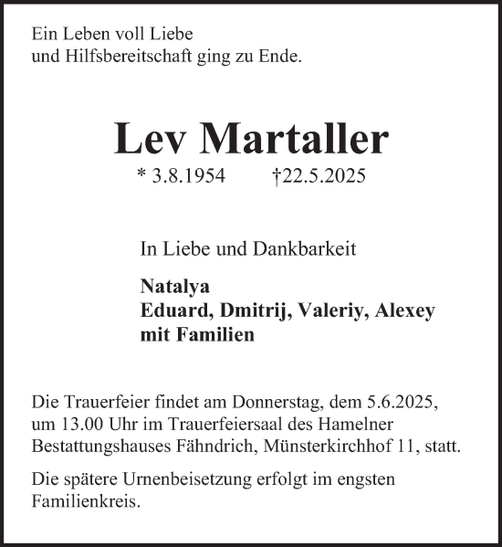 Traueranzeige von Lev Martaller von Deister- und Weserzeitung