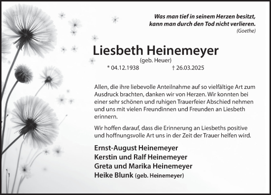 Traueranzeige von Liesbeth Heinemeyer von Deister- und Weserzeitung
