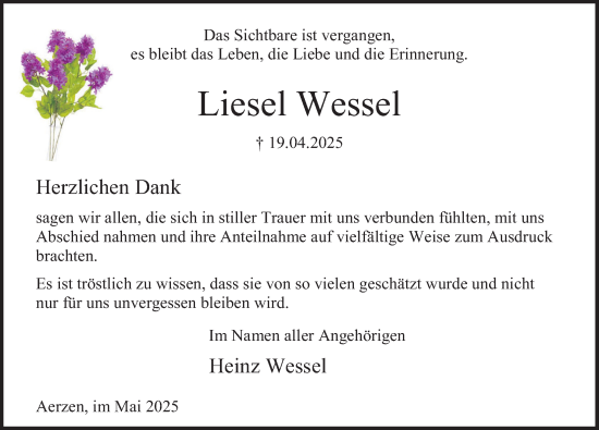 Traueranzeige von Liesel Wessel von Deister- und Weserzeitung