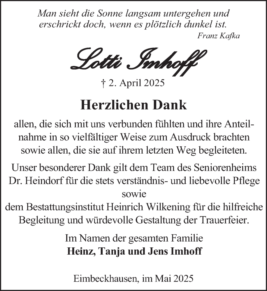  Traueranzeige für Lotti Imhoff vom 10.05.2025 aus Neue Deister-Zeitung