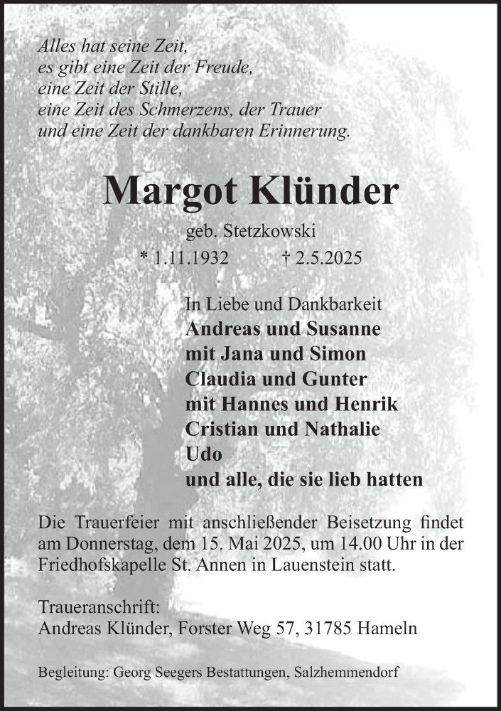  Traueranzeige für Margot Klünder vom 10.05.2025 aus Deister- und Weserzeitung