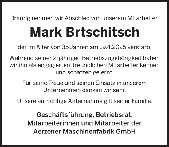 Traueranzeige von Mark Brtschitsch von Deister- und Weserzeitung