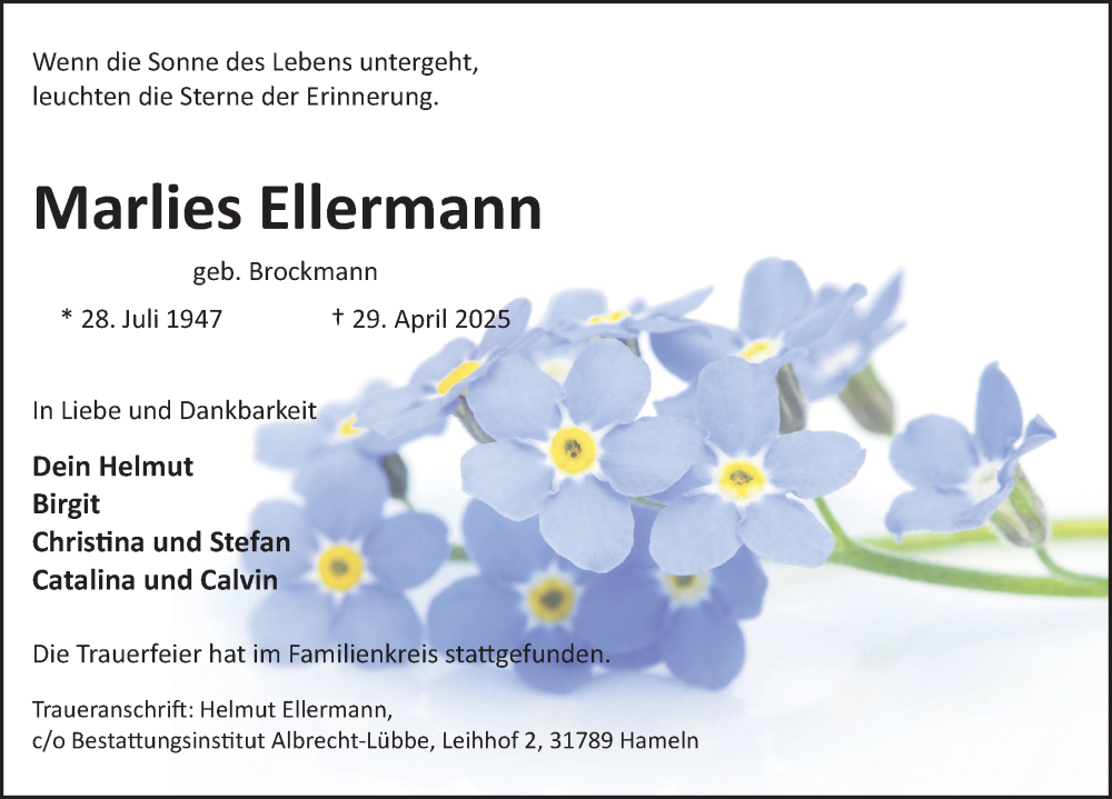  Traueranzeige für Marlies Ellermann vom 17.05.2025 aus Deister- und Weserzeitung