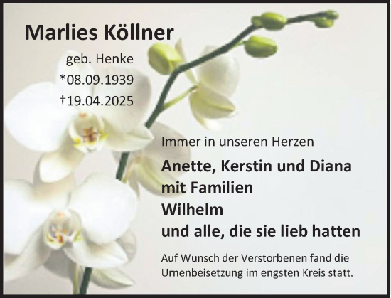 Traueranzeige von Marlies Köllner von Deister- und Weserzeitung