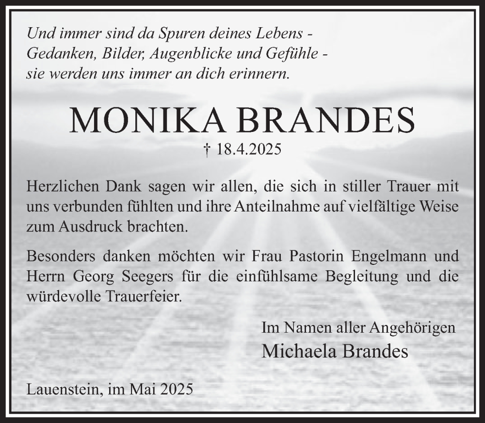  Traueranzeige für Monika Brandes vom 24.05.2025 aus Deister- und Weserzeitung