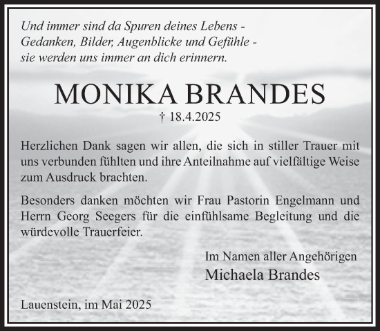 Traueranzeige von Monika Brandes von Deister- und Weserzeitung