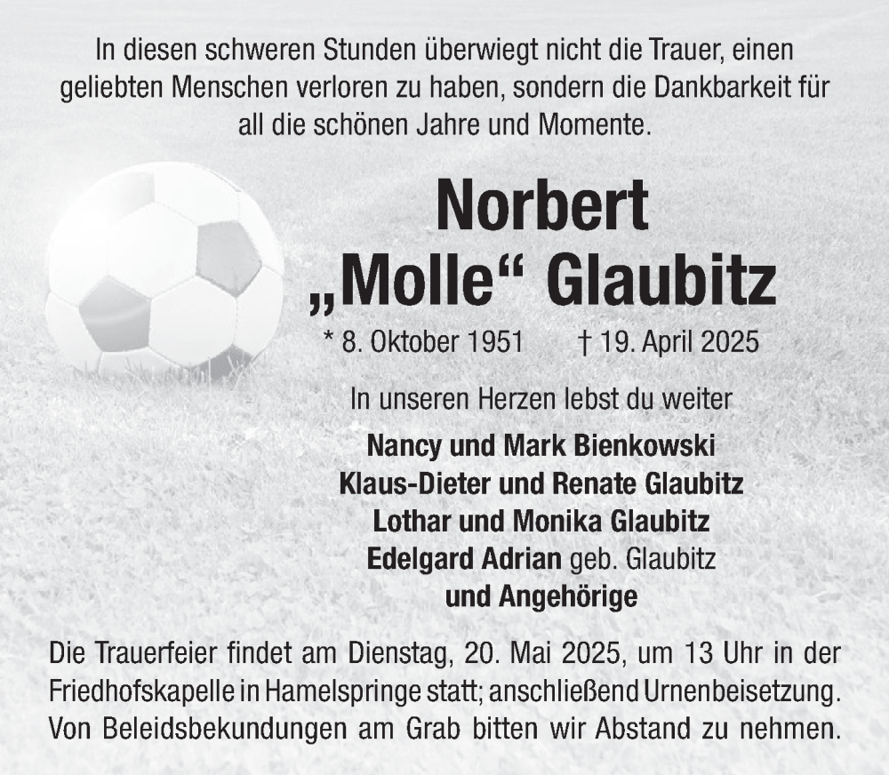  Traueranzeige für Norbert Glaubitz vom 10.05.2025 aus Neue Deister-Zeitung