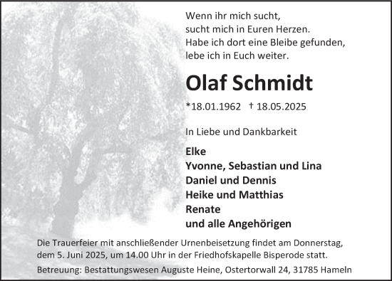 Traueranzeige von Olaf Schmidt von Deister- und Weserzeitung