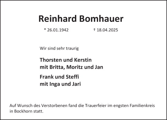 Traueranzeige von Reinhard Bomhauer von Deister- und Weserzeitung