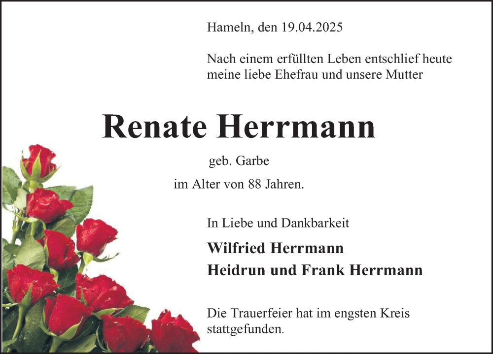  Traueranzeige für Renate Herrmann vom 12.05.2025 aus Deister- und Weserzeitung