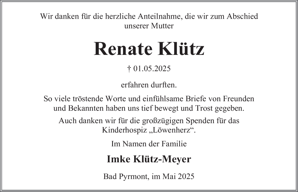  Traueranzeige für Renate Klütz vom 31.05.2025 aus Deister- und Weserzeitung