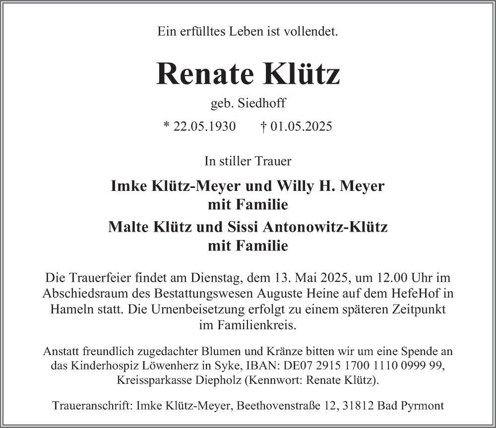 Traueranzeige für Renate Klütz vom 09.05.2025 aus Deister- und Weserzeitung