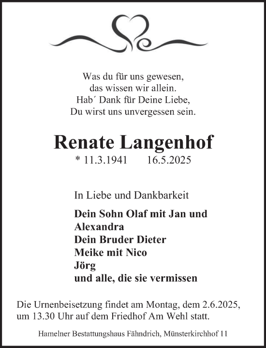 Traueranzeige von Renate Langenhof von Deister- und Weserzeitung