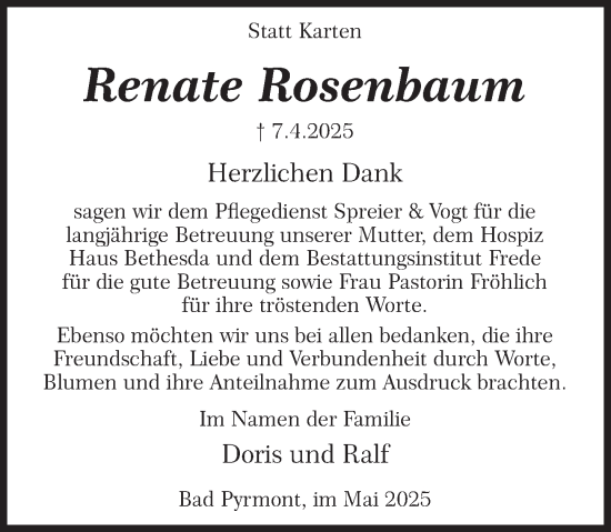 Traueranzeige von Renate Rosenbaum von Deister- und Weserzeitung