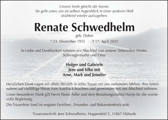 Traueranzeige von Renate Schwedhelm von Neue Deister-Zeitung