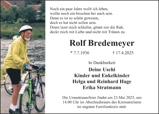 Traueranzeige von Rolf Bredemeyer von Deister- und Weserzeitung