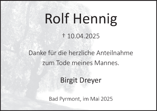 Traueranzeige von Rolf Hennig von Deister- und Weserzeitung