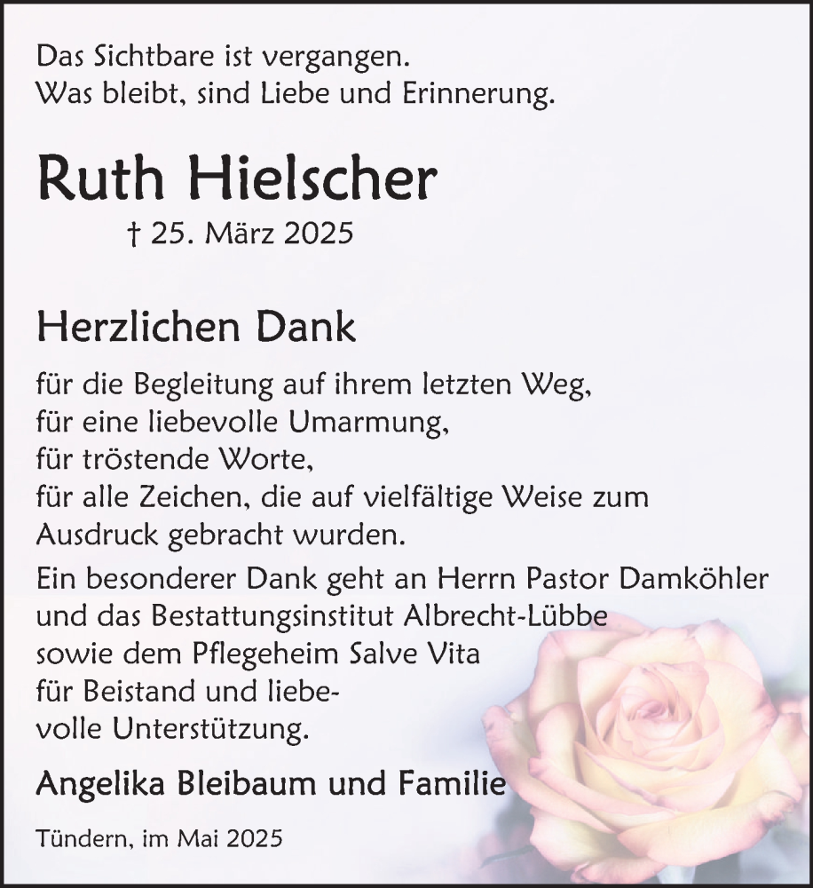  Traueranzeige für Ruth Hielscher vom 17.05.2025 aus Deister- und Weserzeitung