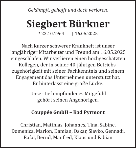 Traueranzeige von Siegbert Bürkner von Deister- und Weserzeitung